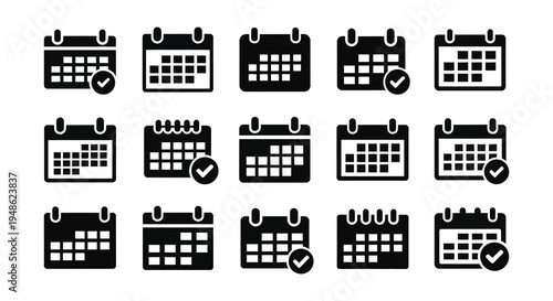 Collection of black calendar icons with varying designs and checkmarks