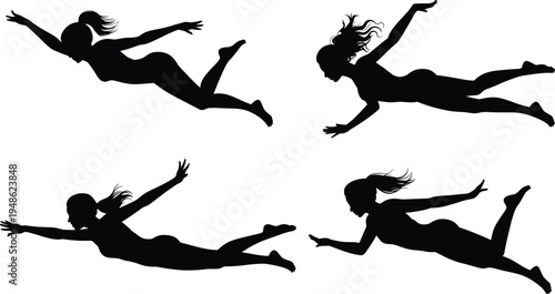 flying woman silhouette collection, female jumping action poses, dynamic body motion, freedom concept, active lifestyle movement, isolated black silhouettes