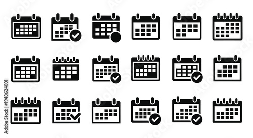 Black calendar icons in various styles showcasing dates and checkmarks
