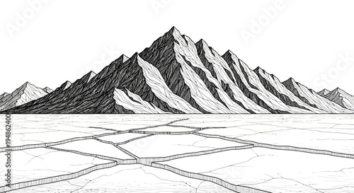 Majestic Mountain Range Over Cracked Ice Field - Black and White Landscape