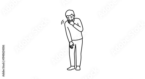 Man Coughing or Sneezing, Covering Mouth with Hand, Feeling Unwell, Illness Concept