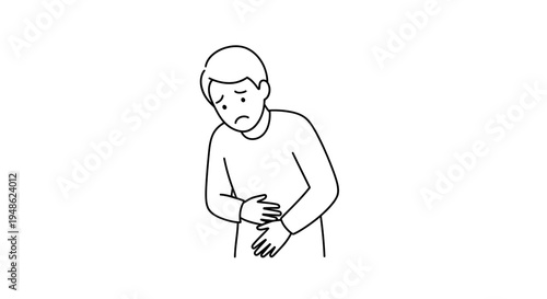 Man holding stomach in pain, feeling sick, stomach ache, digestive problems, discomfort