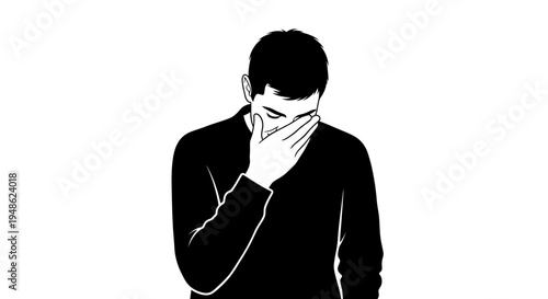 Man in despair, covering face with hand, isolated on white background