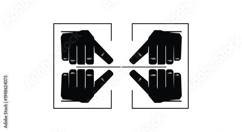 Four black hands with pointing fingers arranged in a symmetrical graphic design
