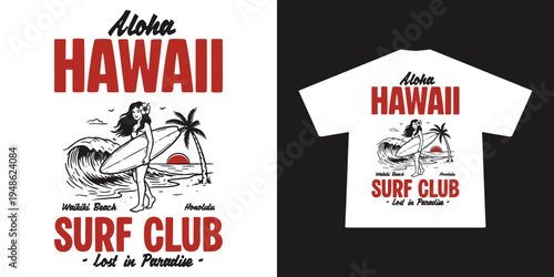 Hand-drawn Retro illustration of summer club, surfing Graphic Design for T shirt streetwear and urban style