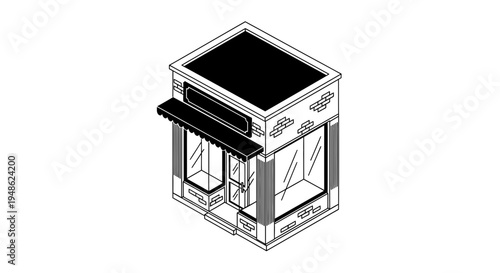 Isometric Black and White Storefront Building with Awning and Large Windows
