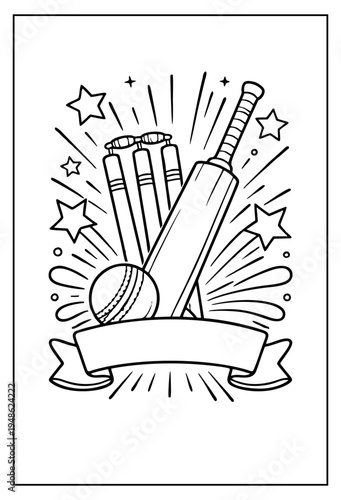 Vector outline illustration of cricket equipment including bat wickets and ball with celebratory stars and blank ribbon banner design.