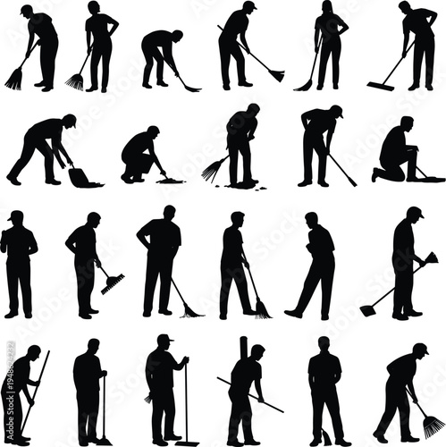 cleaning worker silhouettes collection, janitor staff sweeping mopping set, housekeeping service workers, sanitation maintenance team, professional cleaner silhouette illustration