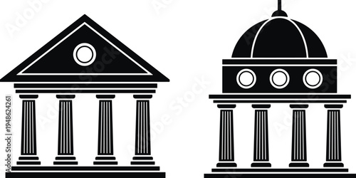 Classic bank and government building silhouettes, courthouse and financial institution architecture vector icons isolated on white background illustration
