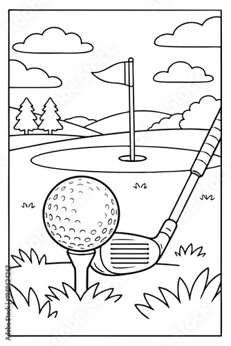 Outline vector graphic illustration showing golf ball on tee ready to strike with club near flag on green for coloring book design.