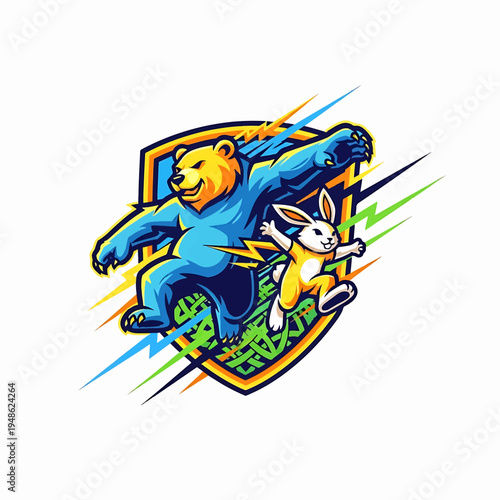 Blue bear and white rabbit sprinting together against dynamic shield background