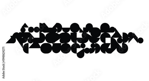 Abstract arrangement of black circles and shapes on a white background