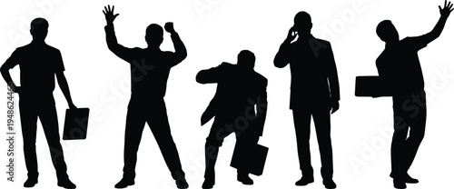business people silhouettes collection, businessman with briefcase poses, corporate professional characters, office worker actions, success celebration, business teamwork concept