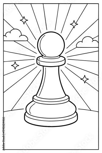 A simple line art coloring page of a glowing chess pawn surrounded by radiant light rays, stars, and clouds.