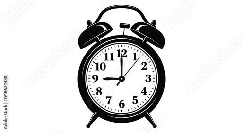 A black and white illustration of a classic alarm clock showing seven o clock
