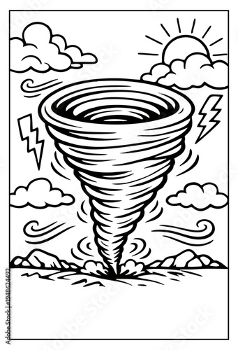 Tornado vector illustration showing a powerful natural disaster graphic design, a swirling cyclone with clouds, sun, and lightning bolts in a cartoon outline style.