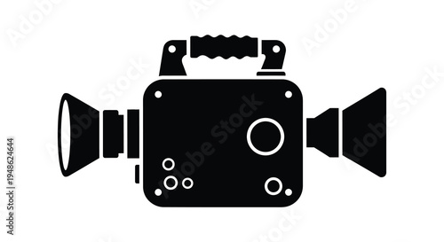 Simple black silhouette of a vintage film camera with a handle and lens
