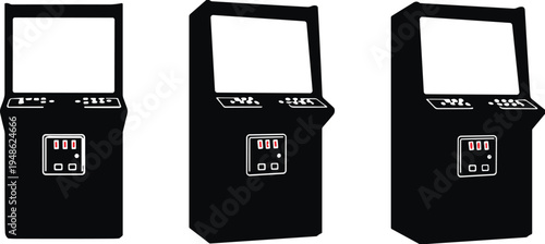 arcade game machine silhouettes, retro gaming cabinet set, arcade console vector illustration, classic video game machines, entertainment gaming equipment icons