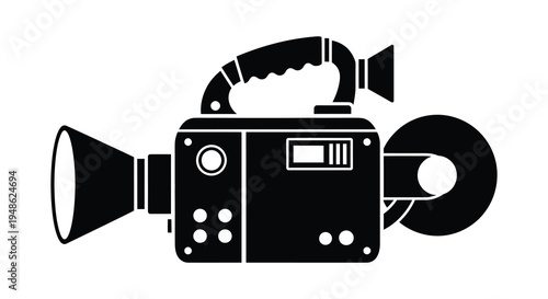 Black and white silhouette of a vintage video camera with a reel