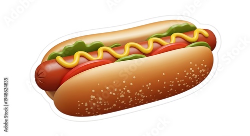 Classic Hot Dog Illustration with Yellow Mustard and Red Ketchup, a Mouthwatering Graphic Element for Fast Food Menus, Digital Designs, and Culinary Concepts