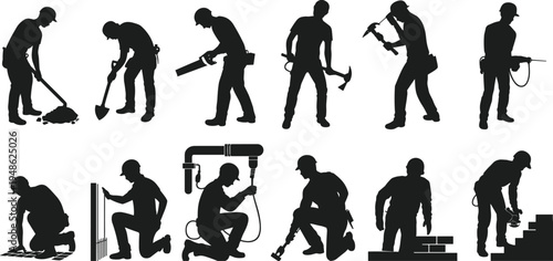 Construction worker silhouettes collection, builders and craftsmen with tools set, manual labor activities, industrial workforce concept, engineering maintenance workers, isolated vector illustration