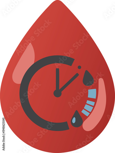 Illustration of a blood drop containing a clock and small clots, symbolizing hemophilia as a bleeding disorder with impaired clotting factor, prolonged bleeding, and coagulation deficiency