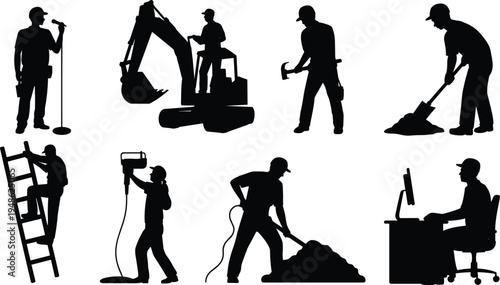 Construction worker silhouettes collection, builders operating excavator and tools, manual labor activities set, industrial workforce concept, engineering maintenance jobs, isolated vector illustratio