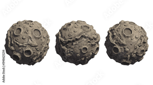 Three intricately detailed celestial spheres with heavily cratered and textured surfaces, resembling miniature moons or asteroids isolated against a stark background