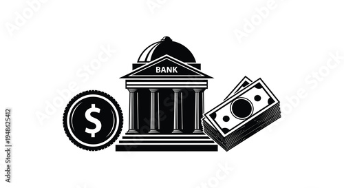 Black and white illustration depicting a bank building with money and a coin
