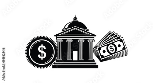 Black and white illustration of a bank building with money and a dollar sign