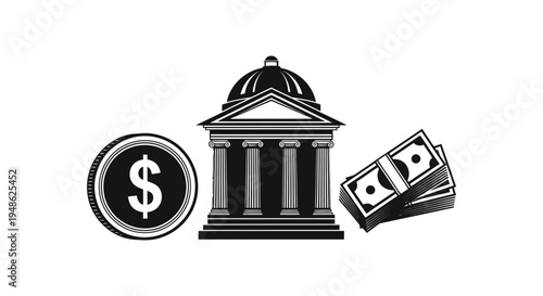 Financial illustration bank building dollar sign and stacks of money