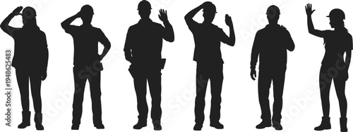 Construction worker silhouettes greeting poses, builders team waving hands, industrial workforce concept, manual labor professionals, safety helmet workers, isolated vector illustration set