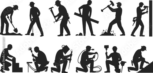 Construction worker silhouettes set, builders and craftsmen with tools, manual labor activities collection, industrial workforce concept, engineering maintenance workers, isolated vector illustration