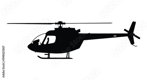 Silhouette of a helicopter in flight against a plain white background