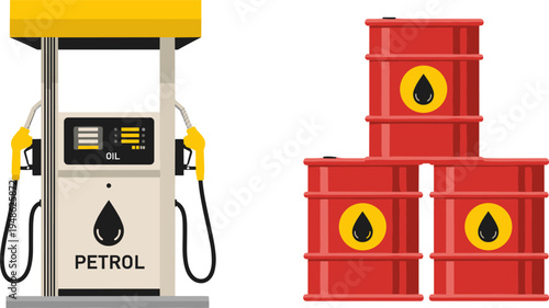petrol fuel pump and oil barrels illustration, gas station equipment, petroleum industry energy concept, gasoline dispenser vector icon