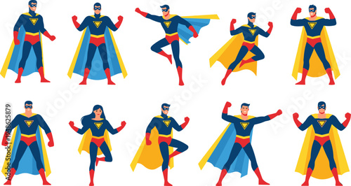 Superhero character poses set, comic style heroes with cape mask power action poses, cartoon vector illustration collection