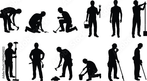Construction worker silhouettes set, builders with tools collection, manual labor poses, industrial workforce concept, handyman activities, engineering workers, isolated vector illustration pack