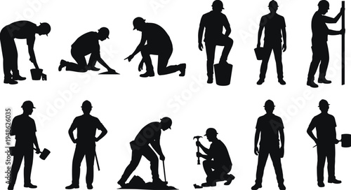 Construction worker silhouettes set, builders with tools collection, manual labor poses, industrial workforce concept, engineering workers, handyman activities, isolated vector illustration pack