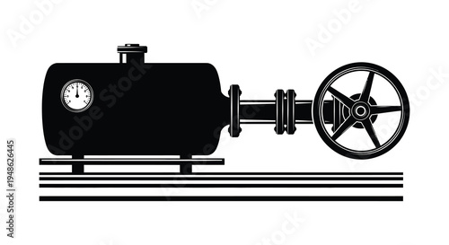 Black and white illustration of a vintage steam engine with a pressure gauge