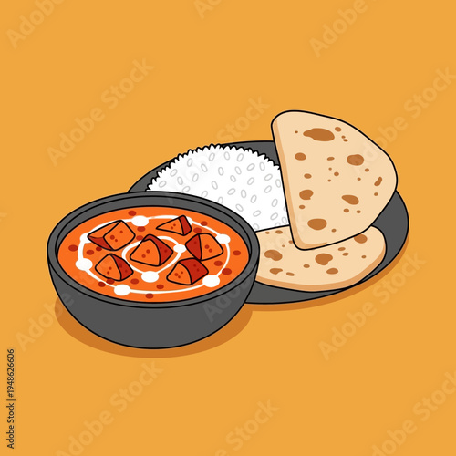 A vibrant illustration of Indian cuisine featuring paneer, rice, and naan bread on a plate.