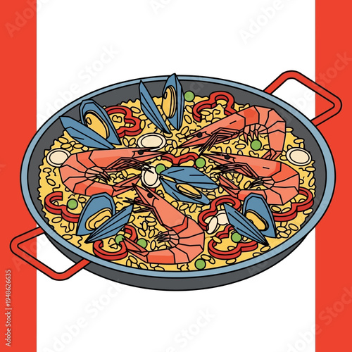 A vibrant illustration of a seafood paella dish, showcasing various ingredients in a pan.