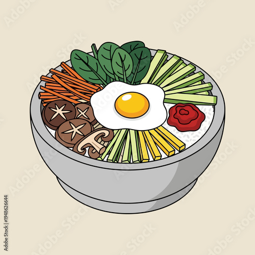A vibrant illustration of a traditional Korean bibimbap dish, beautifully arranged and presented.