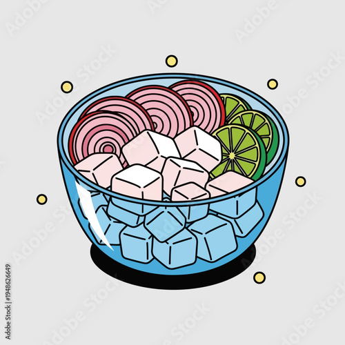 A vibrant illustration of a poke bowl, showcasing fresh ingredients in a clear glass bowl.