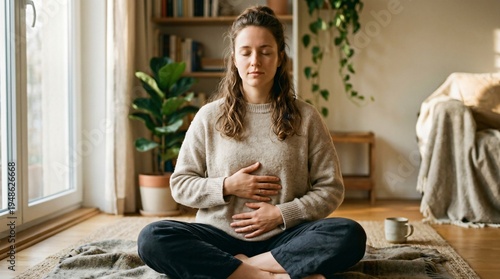 Woman Practicing Mindfulness Meditation At Home For Stress Relief And Wellbeing