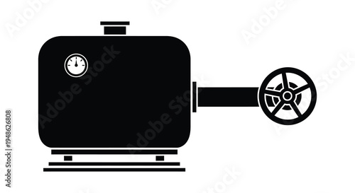 Black and white illustration of a cylindrical tank with a gauge and valve