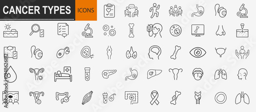 Cancer types and medical oncology icons set, outline symbols for healthcare diagnosis tumor awareness and internal organ health vector illustration