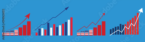 Four bar charts with rising trend lines and American flag
