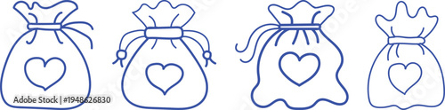 Four blue outline drawstring bags with hearts