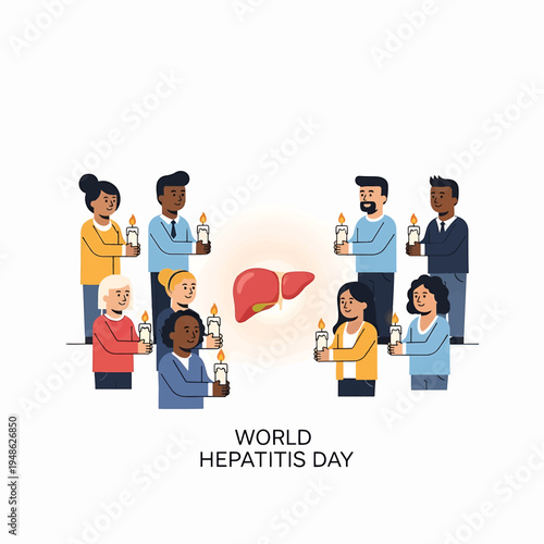 World Hepatitis Day Diverse Group Holding Candles Around Liver Illustration