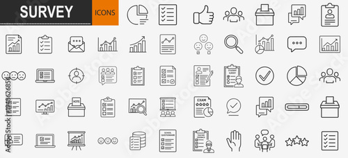 Customer survey and feedback icons set, outline symbols for market research opinion polls user evaluation and data analysis vector illustration